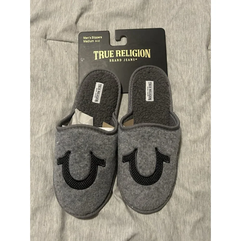True Religion Grey Logo Slip On Casual Comfortable Slippers Men Size Small 7/8